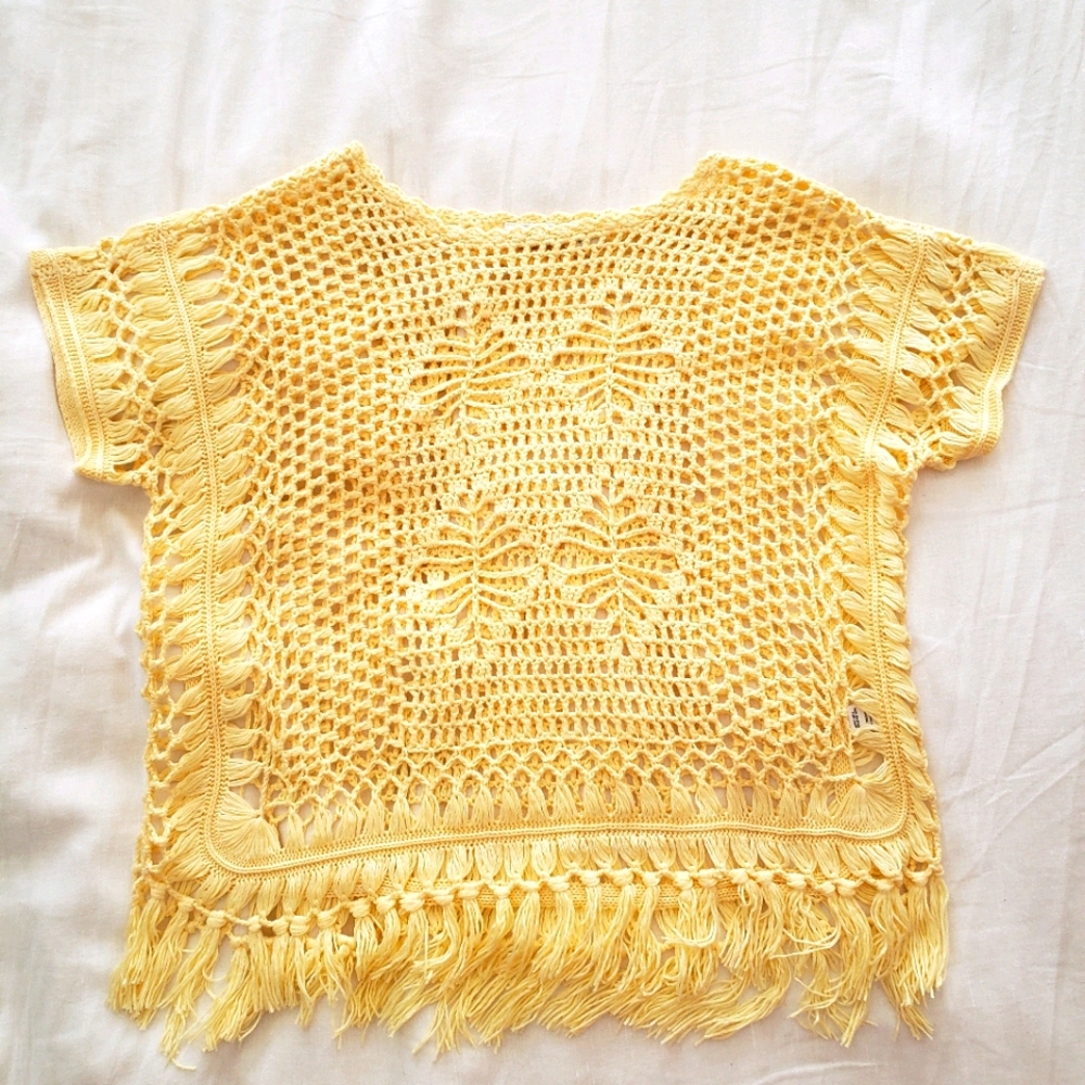 Banana yellow crocheted top boho vintage fringe